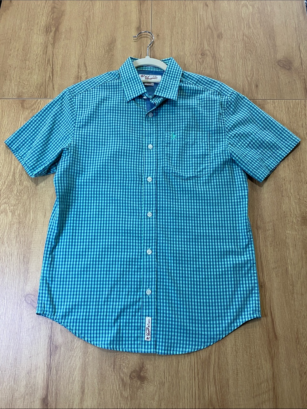 Penguin Turquoise Gingham Short Sleeve Button-Down Shirt